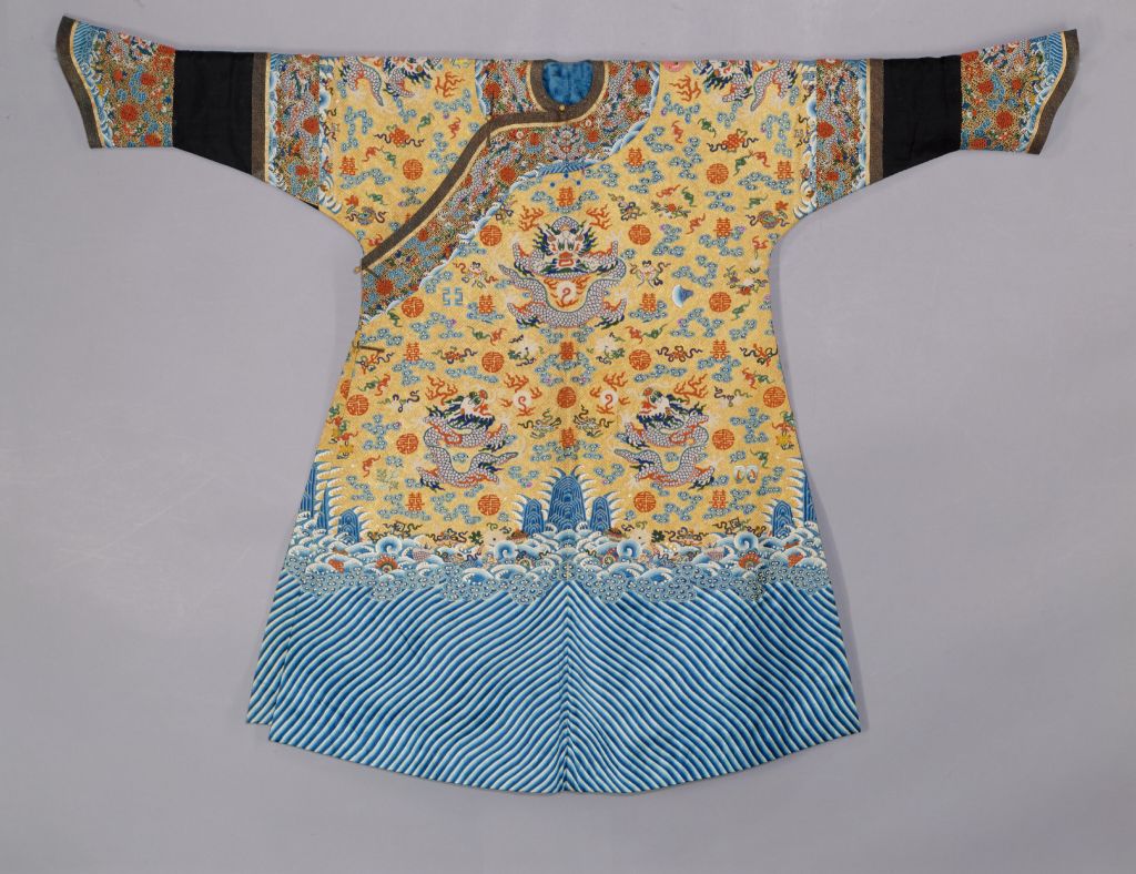 图片[1]-Ming Yellow Satin Rice Pearl Embroidery Colorful Cloud Golden Dragon Pattern Dragon Robe-China Archive